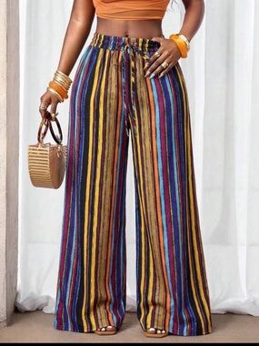 SHEIN Aqua Halter Bodysuit with Multicolor Stripe Wide-Leg Pants
